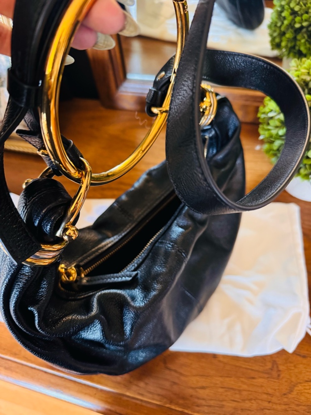 Chloe Black Leather Shoulder Bag with Gold Ring Handles